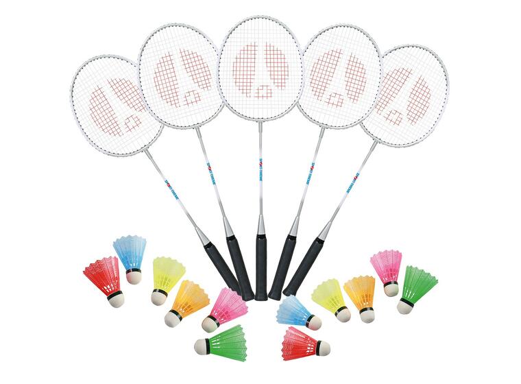 Badmintonsett School 10 racketer & 5 pk baller med farge 