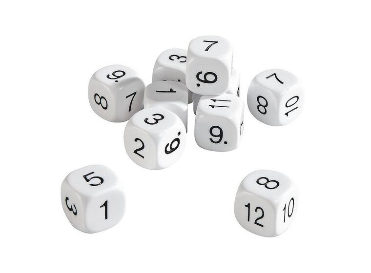 Terninger med tall fra 1 til 12 10 stk | 1,5 cm hvite terninger 