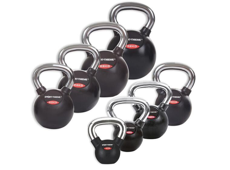 Kettlebells Gummiert Glatt kromhåndtak 8 stk | 4 til 32 kg 