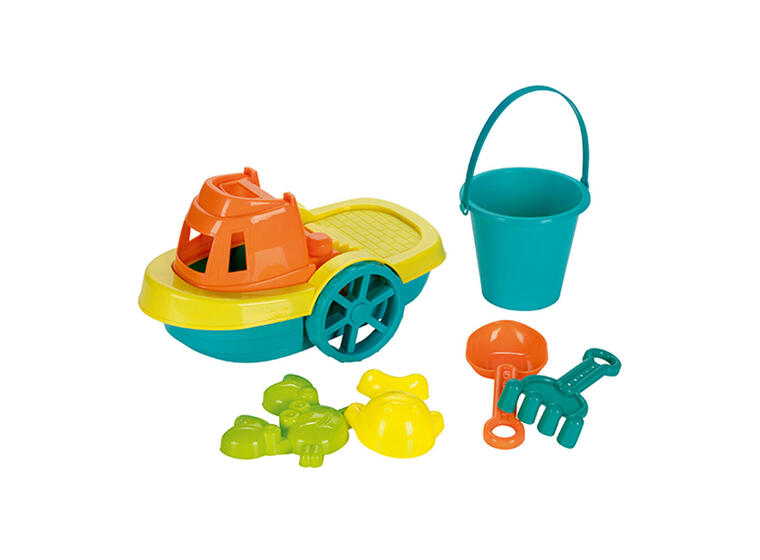 Strandlekesett Båt, bøtte, spade, rake, sandformer 