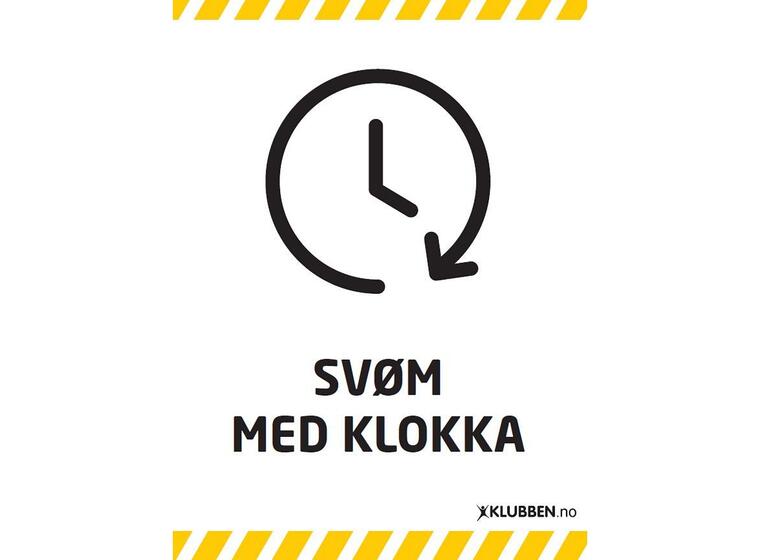 Skilt A3 - Svøm med klokka Hvitt skilt med svart tekst 