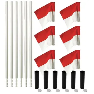 Hj&#248;rnestolper fleksible med flagg 6 hvite stolper med r&#248;d/hvite flagg