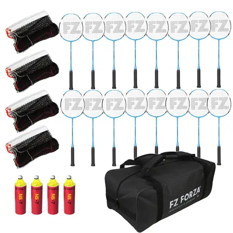 Badmintonsett Forza til skoler 16 racketer, 24 baller, 4 nett, 1 bag