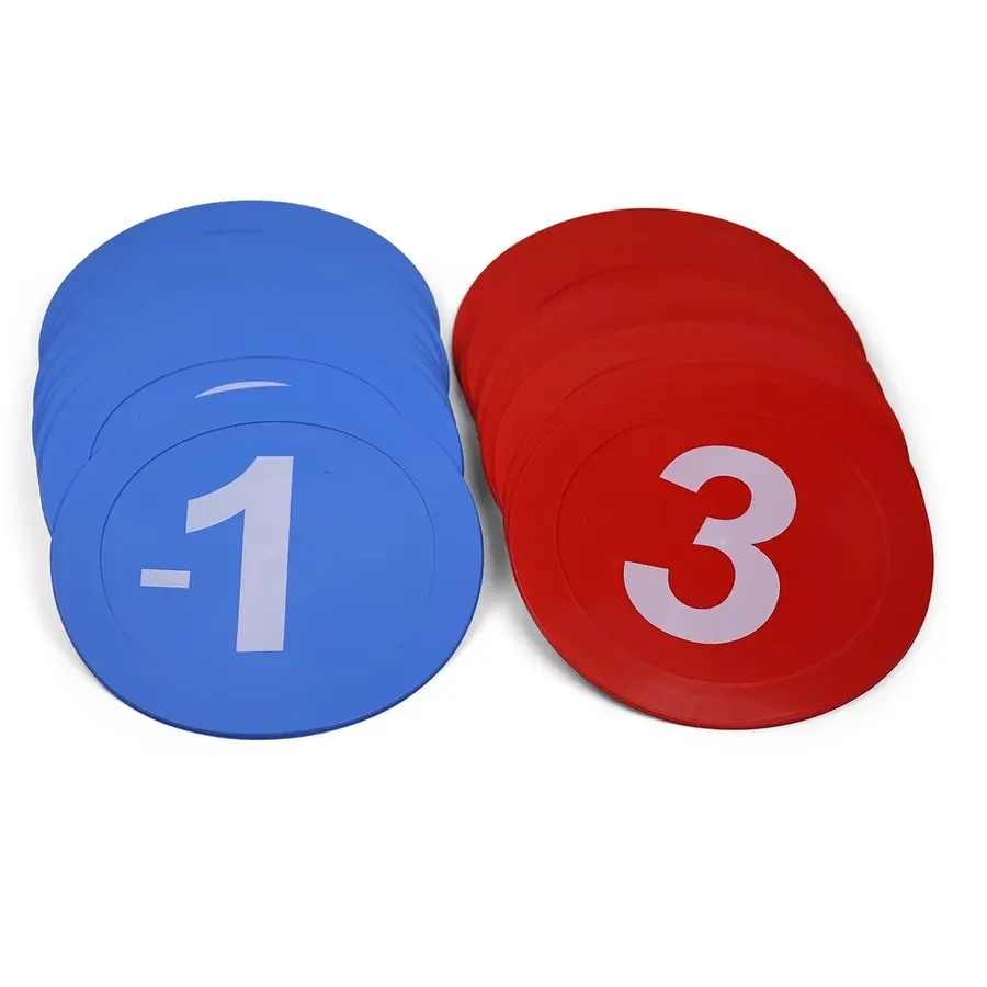 Gummiskiver med tall -10 til 10 Rød 0 til 10 | Blå -10 til 0 