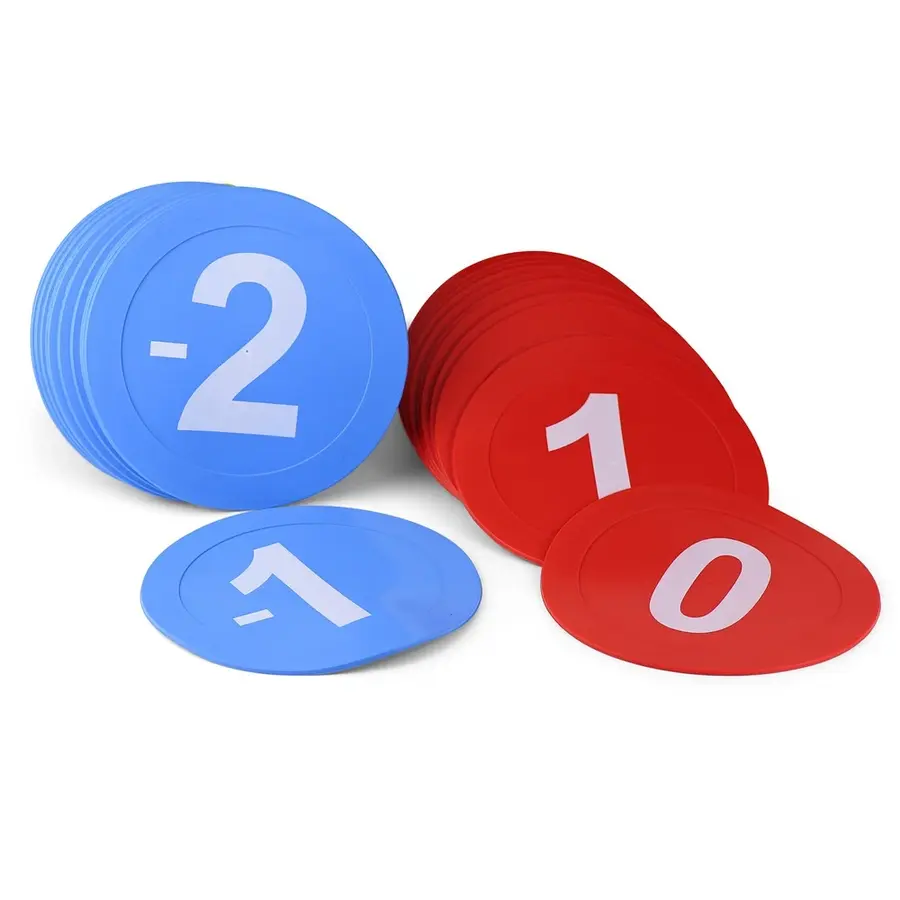 Gummiskiver med tall -10 til 10 Rød 0 til 10 | Blå -10 til 0 