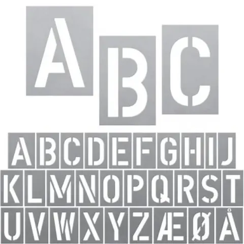 Sjablonger i aluminium - alfabetet Til oppmerking innendørs og utendørs