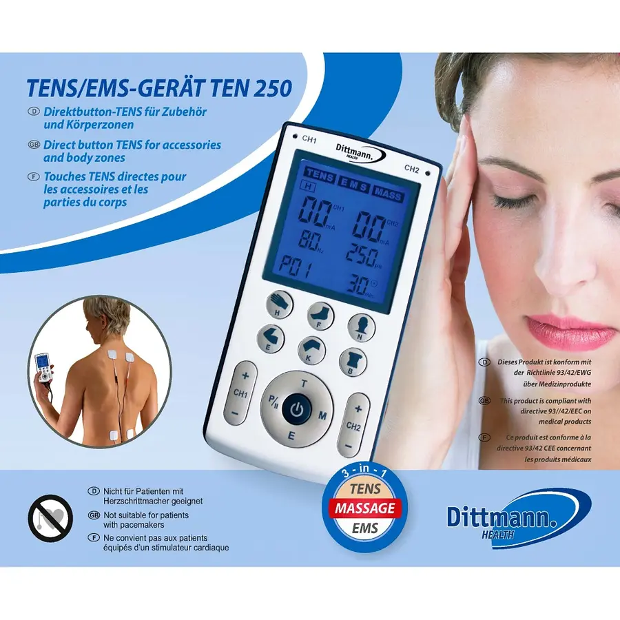 TENS EMS Apparat TEN 250 4 elektroder | Flere programinstillinger 