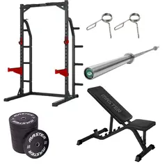 Styrkepakke med Half Rack Vektstang | Vektskiver | Treningsbenk