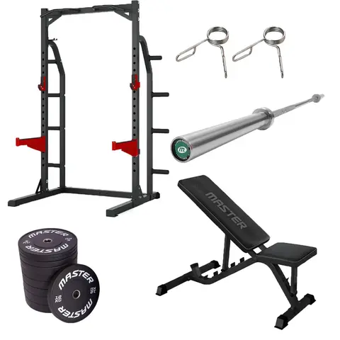 Styrkepakke med Half Rack Vektstang | Vektskiver | Treningsbenk