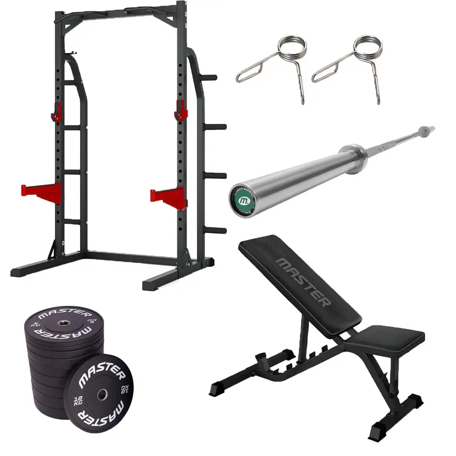 Styrkepakke med Half Rack Vektstang | Vektskiver | Treningsbenk 