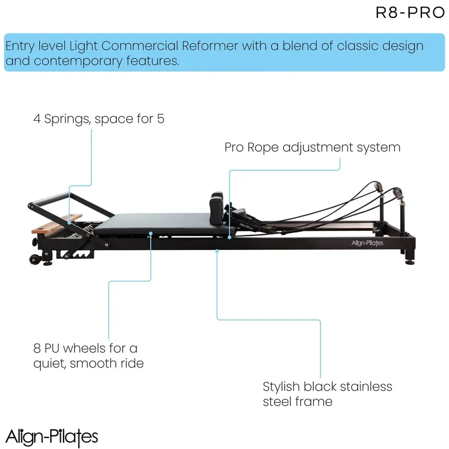 Pilates Reformer R8 Pro svart Pilatesbenk for hjemmetrening 