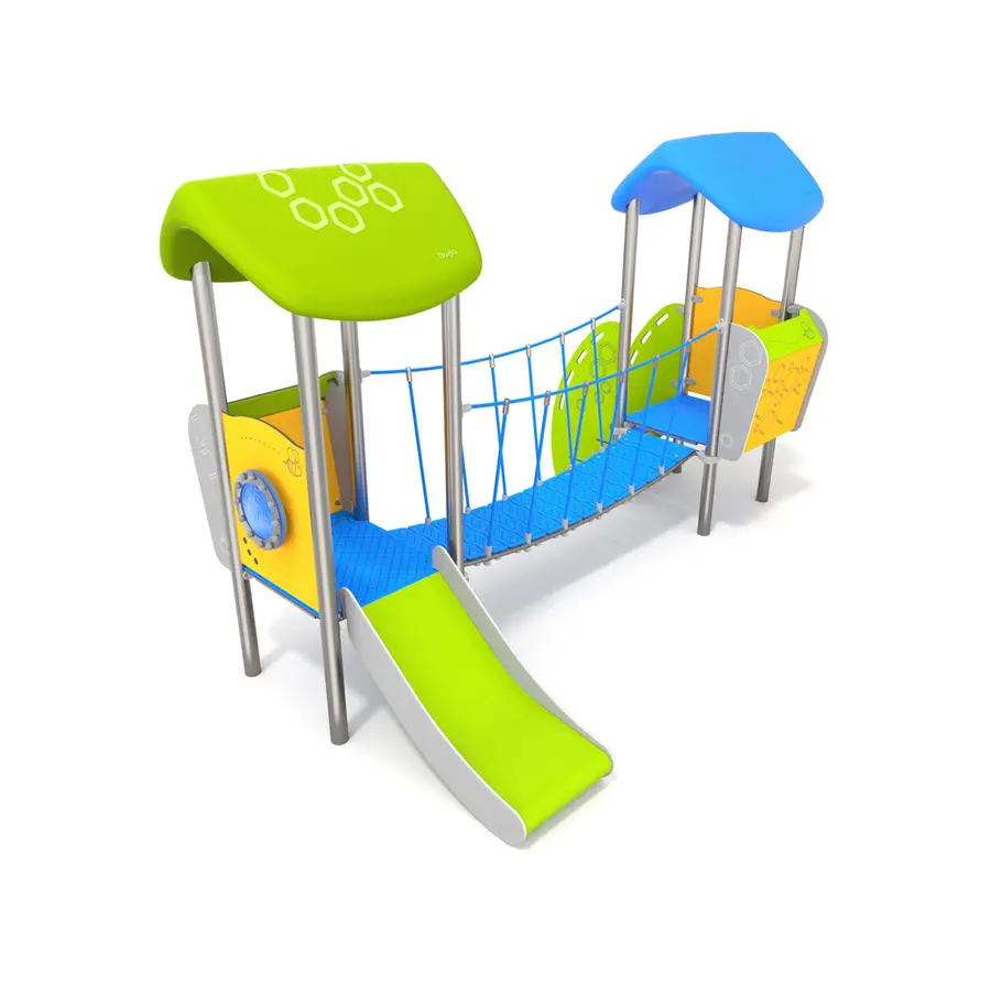 Lekehus med bro, sklie og balanselek Til barnehager og lekeplasser 