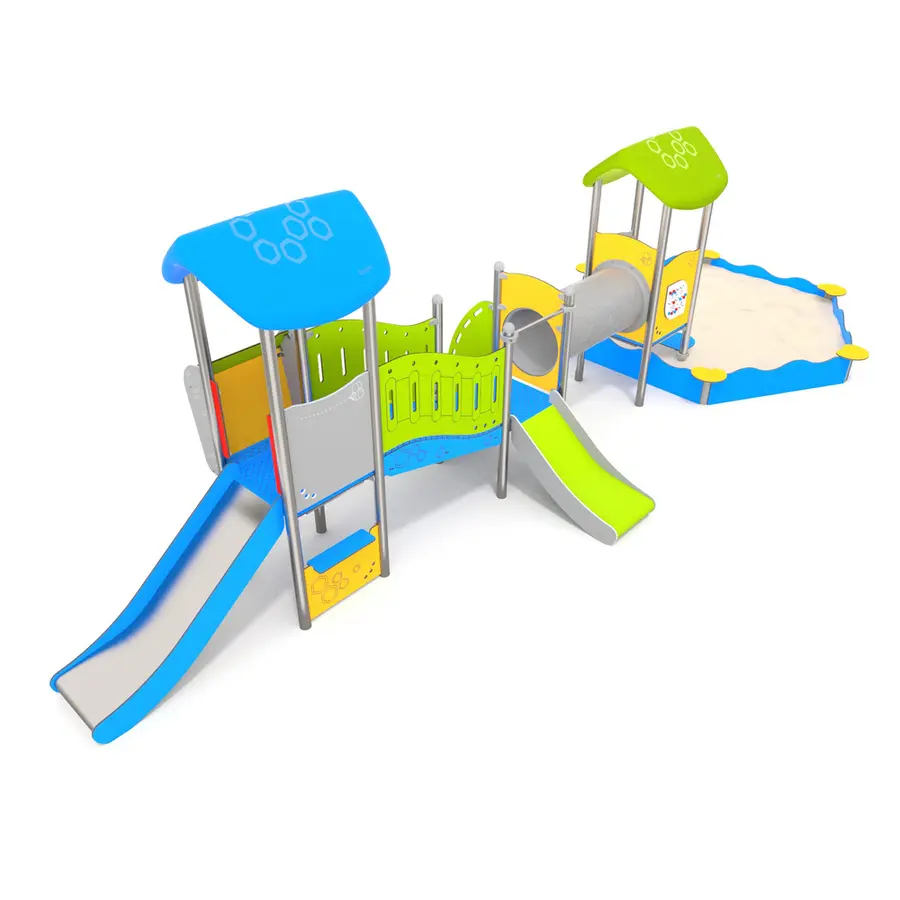 Lekehus med sklier, tunnel og sandkasse Til barnehager og lekeplasser 