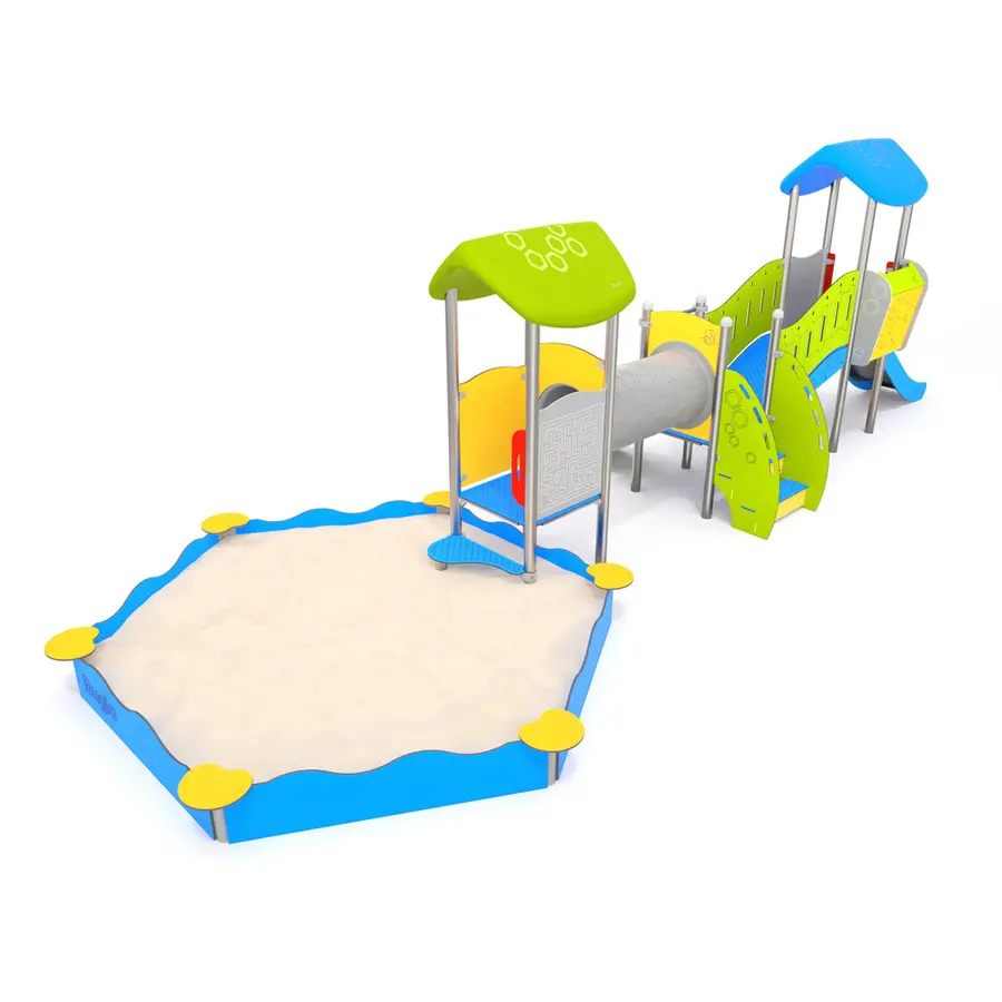 Lekehus med sklier, tunnel og sandkasse Til barnehager og lekeplasser 