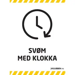 Skilt A3 - Sv&#248;m med klokka Hvitt skilt med svart tekst