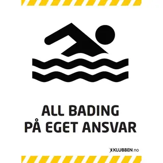 Skilt A3 - All bading p&#229; eget ansvar Hvitt skilt med svart tekst