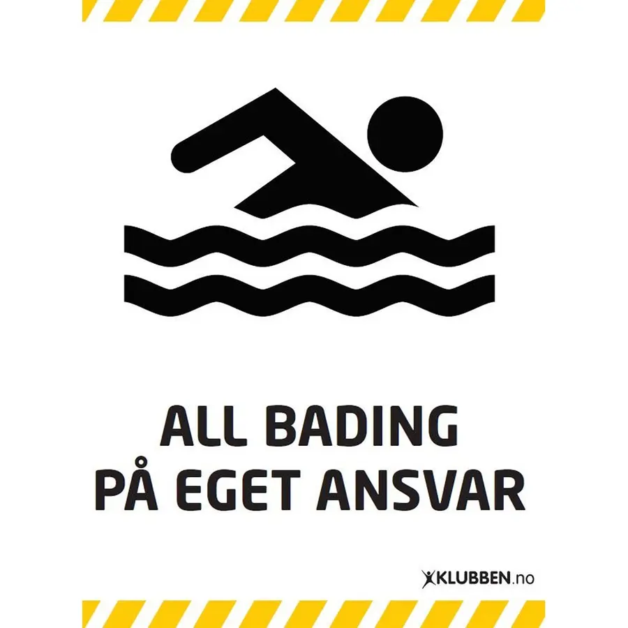 Skilt A3 - All bading på eget ansvar Hvitt skilt med svart tekst 