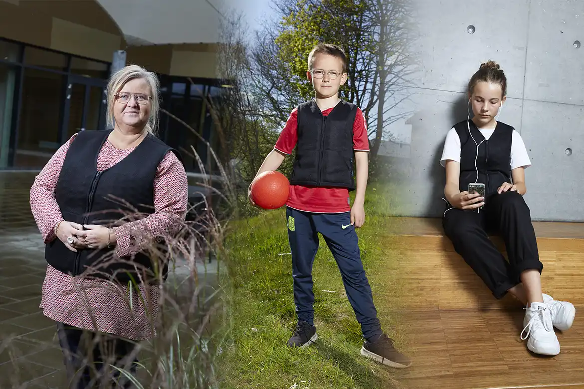 Tre personer som har på seg Protac MyFit kulevest - voksen, ungdom og barn