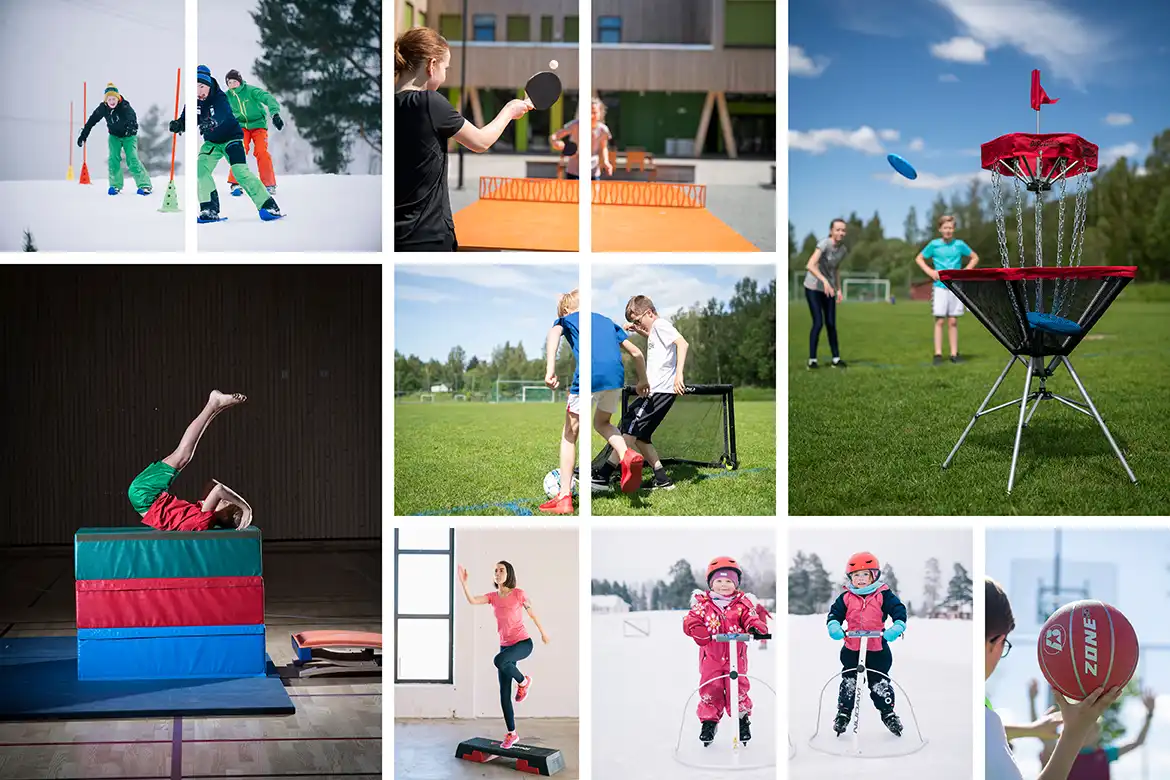 Bilde av barn i aktivitet - turning, miniski, frisbeegolf, bordtennis og fotball